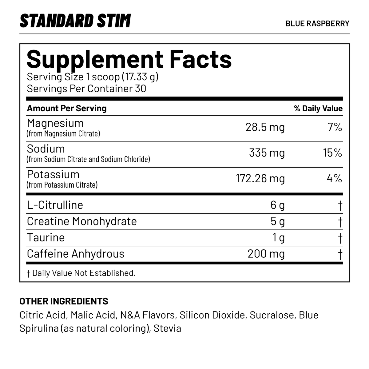 Supplement Facts for Standard Stim Pre-Workout